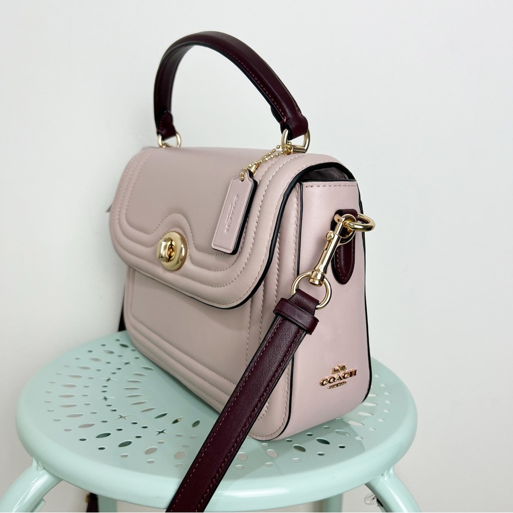 Coach Marlie Top Handle Satchel In Colorblock w/ Border Quilting Leather Tan New - Picture 8 of 15